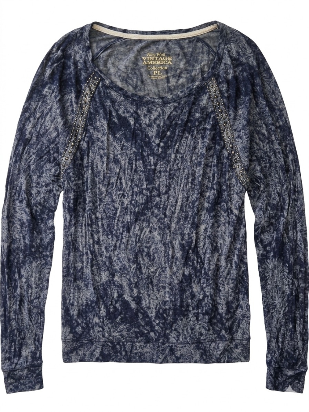 Vintage America Navy & Heathered Blue Scoop Neck Sweater with Rhinestones